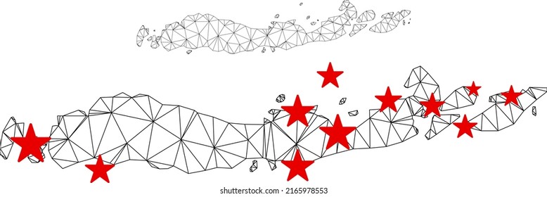 Polygonal mesh Flores Islands of Indonesia map with red star centers. Abstract network connected lines and stars form Flores Islands of Indonesia map.