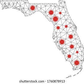 Polygonal mesh Florida map with coronavirus centers. Abstract network lines, triangles and flu viruses form Florida map. Vector wireframe flat polygonal network in black and red colors.