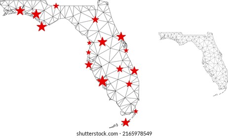 Polygonal mesh Florida map with red star centers. Abstract network connected lines and stars form Florida map. Vector wire frame 2D polygonal network in black and red colors.