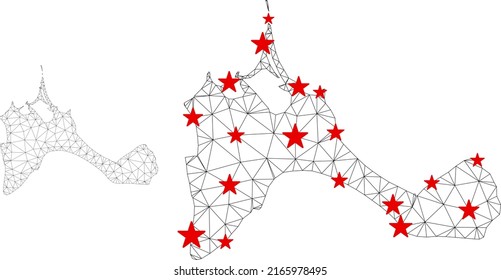Polygonal mesh Formentera Island map with red star centers. Abstract network connected lines and stars form Formentera Island map. Vector wireframe 2D polygonal network in black and red colors.