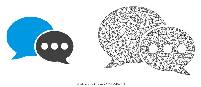 Polygonal mesh forum messages and flat icon are isolated on a white background. Abstract black mesh lines, triangles and dots forms forum messages icon.
