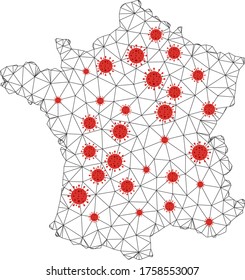 Polygonal mesh France map with coronavirus centers. Abstract mesh lines, triangles and covid- 2019 viruses form France map. Vector wireframe flat polygonal network in black and red colors.