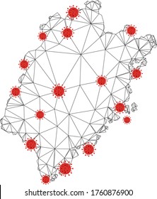 Polygonal mesh Fujian Province map with coronavirus centers. Abstract mesh connected lines and flu viruses form Fujian Province map. Vector wire frame 2D polygonal network in black and red colors.