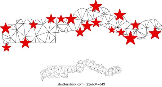 Polygonal mesh the Gambia map with red star centers. Abstract mesh connected lines and stars form the Gambia map. Vector wireframe 2D polygonal network in black and red colors.