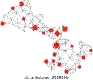 Polygonal mesh Gansu Province map with coronavirus centers. Abstract mesh connected lines and covid- 2019 viruses on Gansu Province map.
