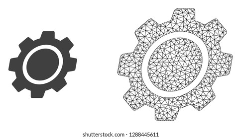 Polygonal mesh gear and flat icon are isolated on a white background. Abstract black mesh lines, triangles and dots forms gear icon.