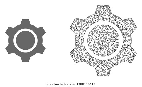 Polygonal mesh gear and flat icon are isolated on a white background. Abstract black mesh lines, triangles and nodes forms gear icon.