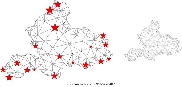 Polygonal mesh Gelderland Province map with red star centers. Abstract network connected lines and stars form Gelderland Province map. Vector wireframe 2D polygonal network in black and red colors.