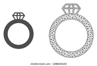 Polygonal mesh gem ring and flat icon are isolated on a white background. Abstract black mesh lines, triangles and nodes forms gem ring icon.