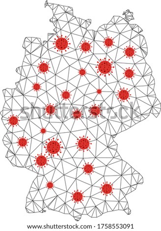 Polygonal mesh Germany map with coronavirus centers. Abstract network lines, triangles and covid- 2019 viruses form Germany map. Vector wireframe 2D polygonal network in black and red colors.
