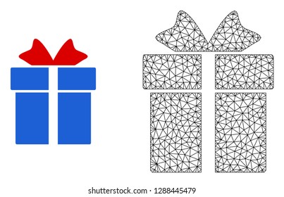 Polygonal mesh gift and flat icon are isolated on a white background. Abstract black mesh lines, triangles and dots forms gift icon.