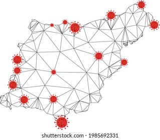 Polygonal mesh Gipuzkoa Province map with coronavirus centers. Abstract network connected lines and covid- 2019 viruses form Gipuzkoa Province map.