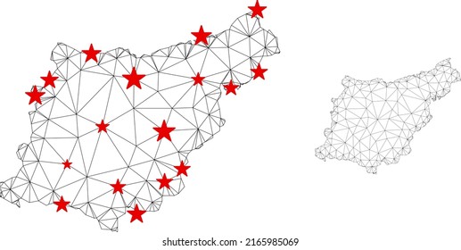 Polygonal mesh Gipuzkoa Province map with red star centers. Abstract mesh connected lines and stars form Gipuzkoa Province map. Vector wireframe 2D polygonal network in black and red colors.