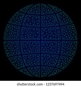 Polygonal mesh globe. Abstract mesh lines, triangles and points on dark background with globe. Wire frame 2D polygonal line network in vector format on a dark blue background.