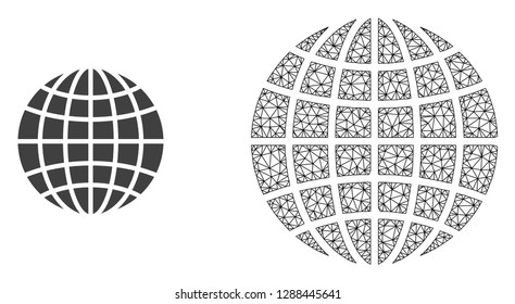 Polygonal mesh globe and flat icon are isolated on a white background. Abstract black mesh lines, triangles and nodes forms globe icon.