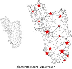 Polygonal mesh Goa State map with red star centers. Abstract mesh connected lines and stars form Goa State map. Vector wire frame flat polygonal network in black and red colors.