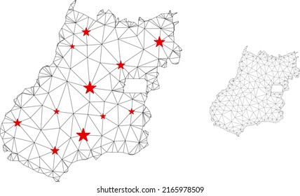Polygonal mesh Goias State map with red star centers. Abstract network connected lines and stars form Goias State map. Vector wireframe 2D triangular network in black and red colors.