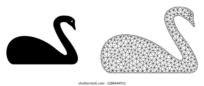 Polygonal mesh goose and flat icon are isolated on a white background. Abstract black mesh lines, triangles and nodes forms goose icon.