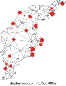 Polygonal mesh Gotland Island map with coronavirus centers. Abstract network connected lines and covid viruses form Gotland Island map. Vector wireframe flat polygonal network in black and red colors.