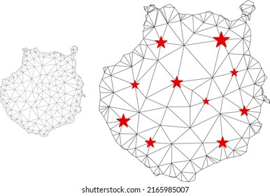 Polygonal mesh Gran Canaria map with red star centers. Abstract mesh connected lines and stars form Gran Canaria map. Vector wireframe flat polygonal network in black and red colors.