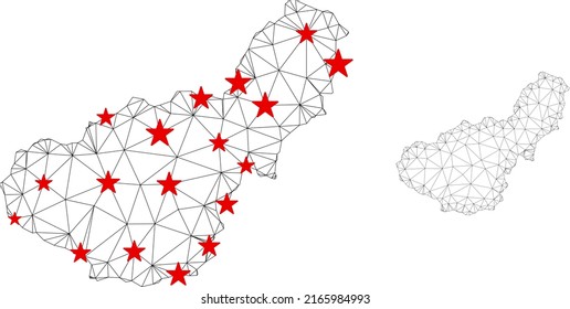 Polygonal mesh Granada Province map with red star centers. Abstract mesh connected lines and stars form Granada Province map. Vector wireframe flat polygonal network in black and red colors.