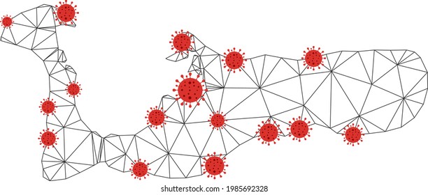 Polygonal mesh Grand Cayman Island map with coronavirus centers. Abstract net connected lines and covid viruses form Grand Cayman Island map.