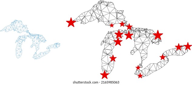 Polygonal mesh Great Lakes map with red star centers. Abstract network connected lines and stars form Great Lakes map. Vector wireframe flat polygonal network in black and red colors.