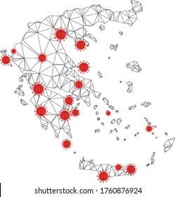 Polygonal Mesh Greece Map With Coronavirus Centers. Abstract Network Connected Lines And Covid Viruses Form Greece Map. Vector Wireframe 2D Triangular Network In Black And Red Colors.