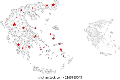 Polygonal mesh Greece map with red star centers. Abstract mesh connected lines and stars form Greece map. Vector wireframe 2D polygonal network in black and red colors.