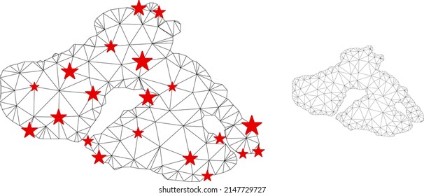 Polygonal mesh Greek Lesbos Island map with red star centers. Abstract network connected lines and stars form Greek Lesbos Island map. Vector wireframe flat polygonal network in black and red colors.