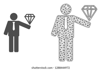 Polygonal mesh groom diamond and flat icon are isolated on a white background. Abstract black mesh lines, triangles and dots forms groom diamond icon.