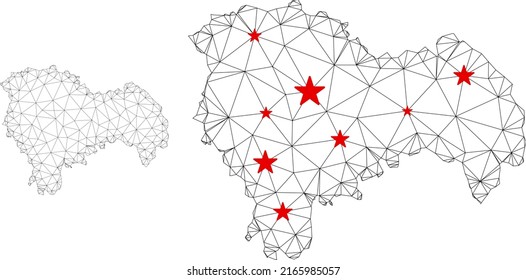Polygonal mesh Guadalajara Province map with red star centers. Abstract mesh connected lines and stars form Guadalajara Province map. Vector wireframe 2D polygonal network in black and red colors.