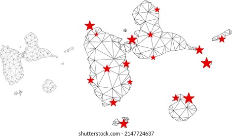 Polygonal mesh Guadeloupe map with red star centers. Abstract network connected lines and stars form Guadeloupe map. Vector wireframe 2D polygonal network in black and red colors.