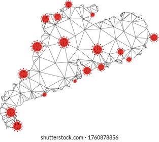 Polygonal mesh Guangdong Province map with coronavirus centers. Abstract network connected lines and covid- 2019 viruses form Guangdong Province map.