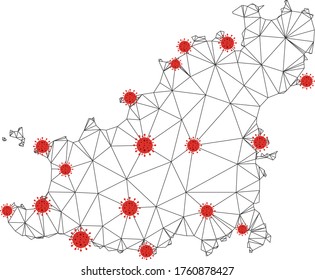 Polygonal mesh Guernsey Island map with coronavirus centers. Abstract network connected lines and covid- 2019 viruses form Guernsey Island map.