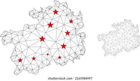Polygonal mesh Guizhou Province map with red star centers. Abstract mesh connected lines and stars form Guizhou Province map. Vector wireframe flat polygonal network in black and red colors.