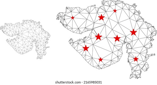 Mapa de malla poligonal del estado de Gujarat con centros de estrellas rojas. Resumen de líneas conectadas en red y estrellas del mapa del estado de Gujarat. Red poligonal 2D del marco de cables vectores en colores negro y rojo.