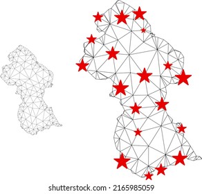 Mapa de Guyana de malla poligonal con centros de estrellas rojas. Resumen de líneas conectadas en red y estrellas de un mapa de Guyana. Vector wireframe red poligonal plana en color negro y rojo.