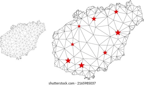 Polygonal mesh Hainan Island map with red star centers. Abstract mesh connected lines and stars form Hainan Island map. Vector wire frame 2D polygonal network in black and red colors.