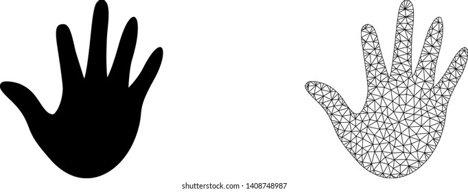 Polygonal mesh hand and flat icon are isolated on a white background. Abstract black mesh lines, triangles and dots forms hand icon.