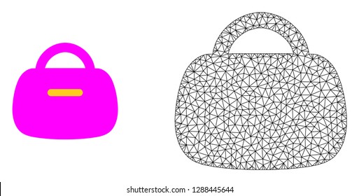Polygonale MaschenHandtasche und Flachsymbol sind einzeln auf weißem Hintergrund. Abstrakte schwarze Maschenlinien, Dreiecke und Punkte bilden das Handtaschensymbol.