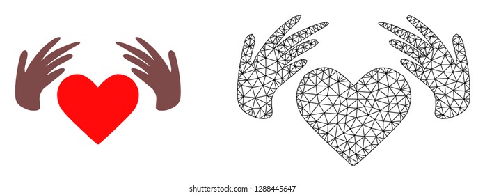 Polygonal mesh handmade love and flat icon are isolated on a white background. Abstract black mesh lines, triangles and nodes forms handmade love icon.