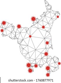 Polygonal mesh Haryana State map with coronavirus centers. Abstract mesh connected lines and covid viruses form Haryana State map. Vector wireframe flat polygonal network in black and red colors.