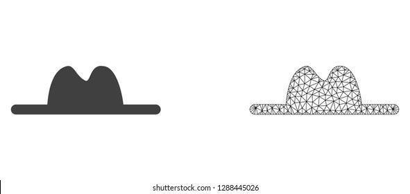 Polygonal mesh hat and flat icon are isolated on a white background. Abstract black mesh lines, triangles and nodes forms hat icon.