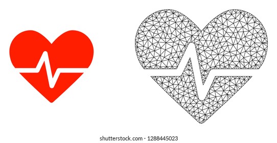 Polygonal mesh heart pulse and flat icon are isolated on a white background. Abstract black mesh lines, triangles and dots forms heart pulse icon.