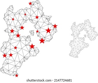Polygonal mesh Hebei Province map with red star centers. Abstract network connected lines and stars form Hebei Province map. Vector wireframe flat polygonal network in black and red colors.