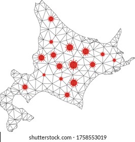 Polygonal mesh Hokkaido Island map with coronavirus centers. Abstract network lines, triangles and covid viruses form Hokkaido Island map.