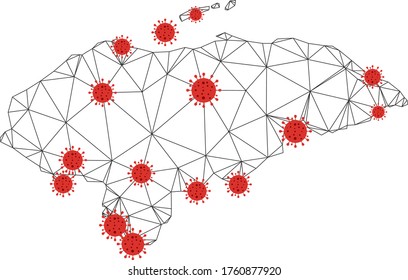 Polygonal mesh Honduras map with coronavirus centers. Abstract mesh connected lines and covid viruses form Honduras map. Vector wireframe 2D polygonal network in black and red colors.