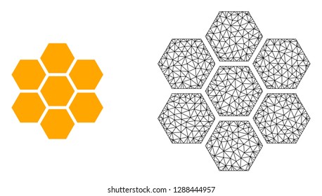 Polygonal mesh honeycombs and flat icon are isolated on a white background. Abstract black mesh lines, triangles and dots forms honeycombs icon.