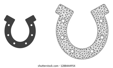 Polygonal mesh horseshoe and flat icon are isolated on a white background. Abstract black mesh lines, triangles and nodes forms horseshoe icon.